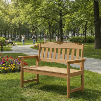 Outdoor 2-Person Garden Bench Poly Lumber, Slatted Loveseat Seating with Ergonomic Backrest & Strong Frame for Yard Porch Deck