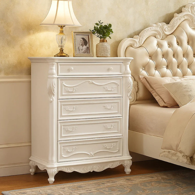 Grande commode Ventra, bois massif blanc classique, 52 po, 5 tiroirs