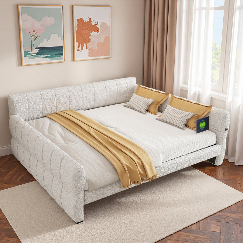 Upholstered Daybed With Usb And Slats Support, White