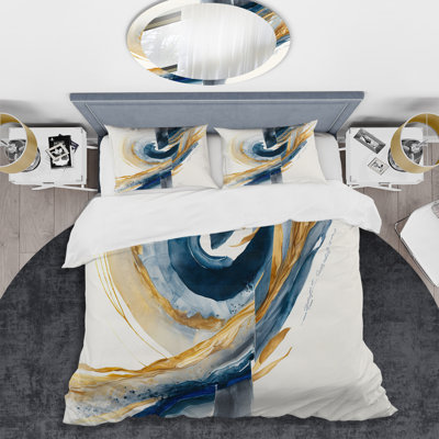 Bleu et or tourbillon abstrait V - ensemble de housse de couette spirale moderne - polyester microfibre