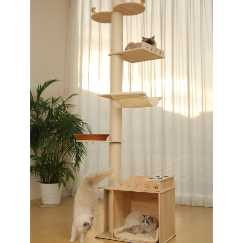 Solid Wood Floor-to-Ceiling Cat Tree, Huge Squar House