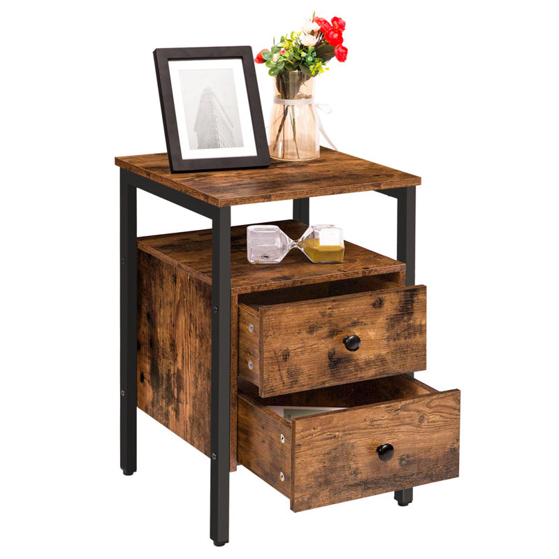 Dosch Wooden 2 Drawer Bedside Table Rustic Industrial Side End Tables Living Room Home Furniture, Dark Brown