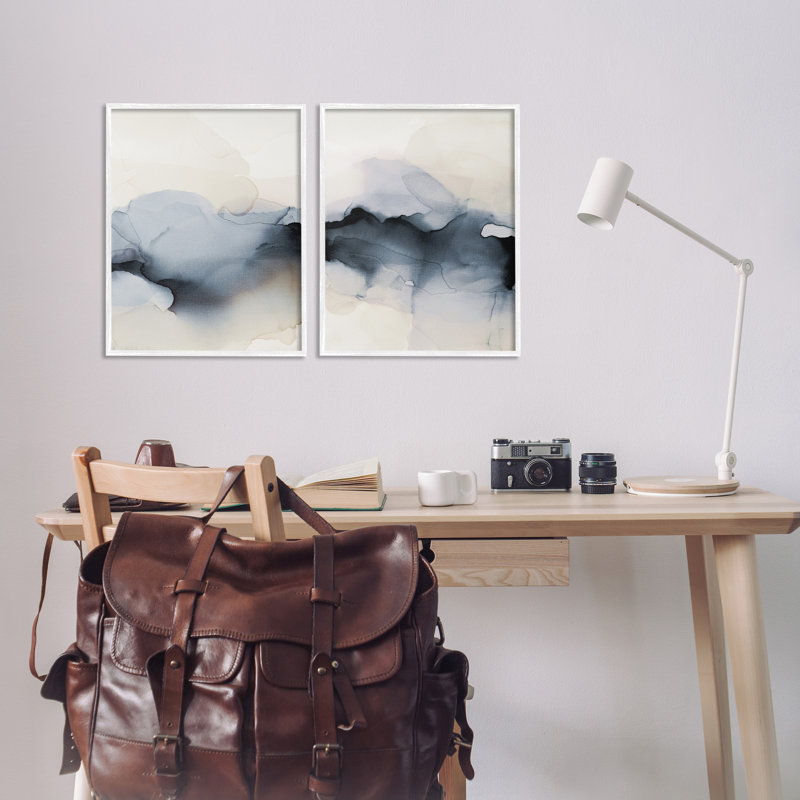 Mysterious Abstract Obscure Watercolor 2 Piece White Framed Giclee Art Set by Kippi Leonard, Coastal White Framed Giclee