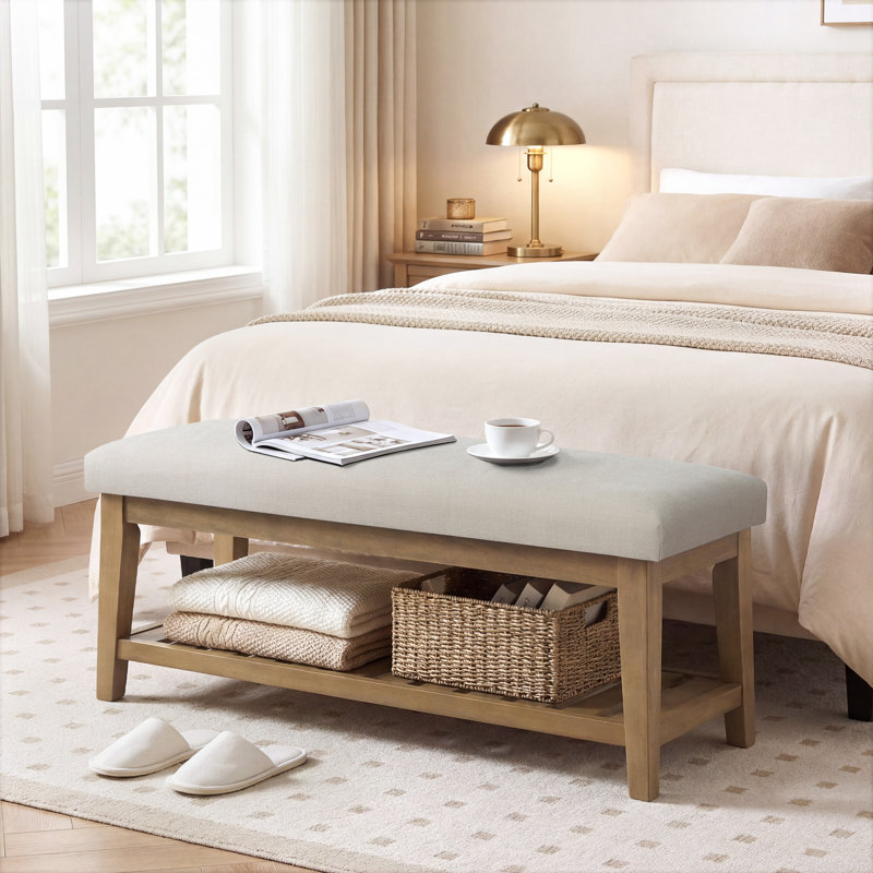 Hahnville 44" W Upholstered Storage Bench, Beige