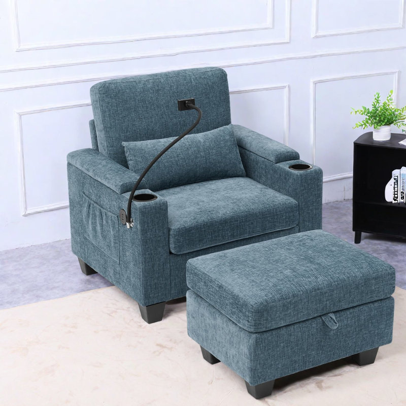 Fauteuil inclinable multifonctionnel bleu avec USB, rangement et repose-pieds