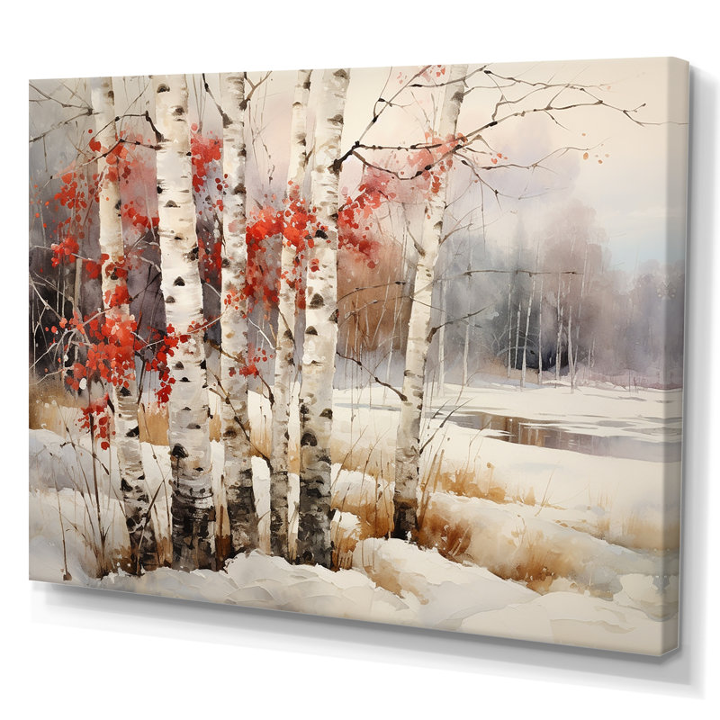 Bois de bouleau blanc et rouge en hiver IV sur toile, Toile tendue, H 16 po x l 32 po x P 1 po