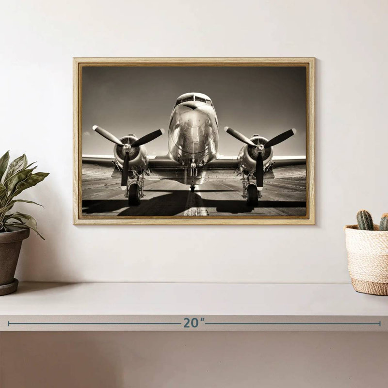 Avion rétro noir et blanc, Cadre flottant en bois naturel, 13 po x 9 po