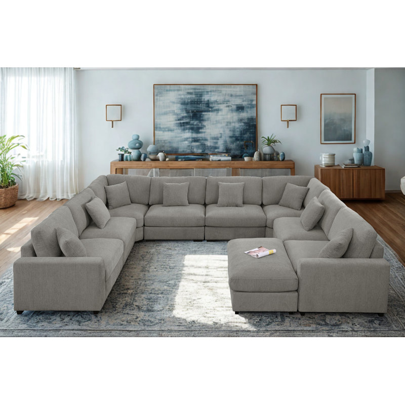 Canapé Agey Degeorge de style moderne à 8 places avec repose-pieds Avery, Mélange de polyester / polyester gris clair