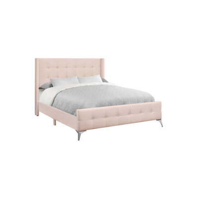Grand lit tapissier avec pieds en métal chromé - finition velours rose