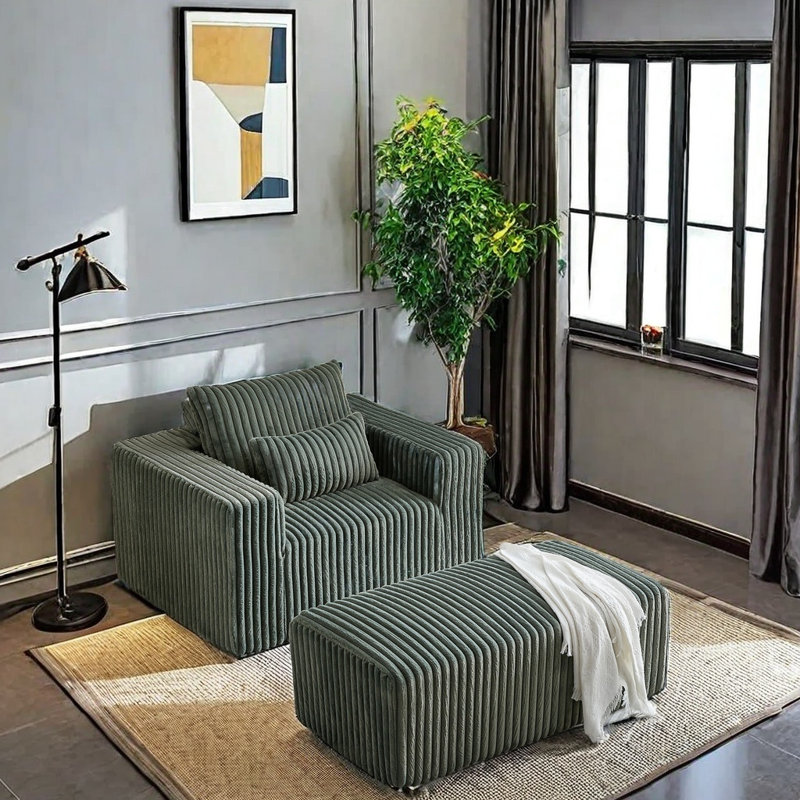  Méridienne en velours côtelé 62,5 pouces avec repose-pieds amovible Jameel, aucun assemblage requis, Vert