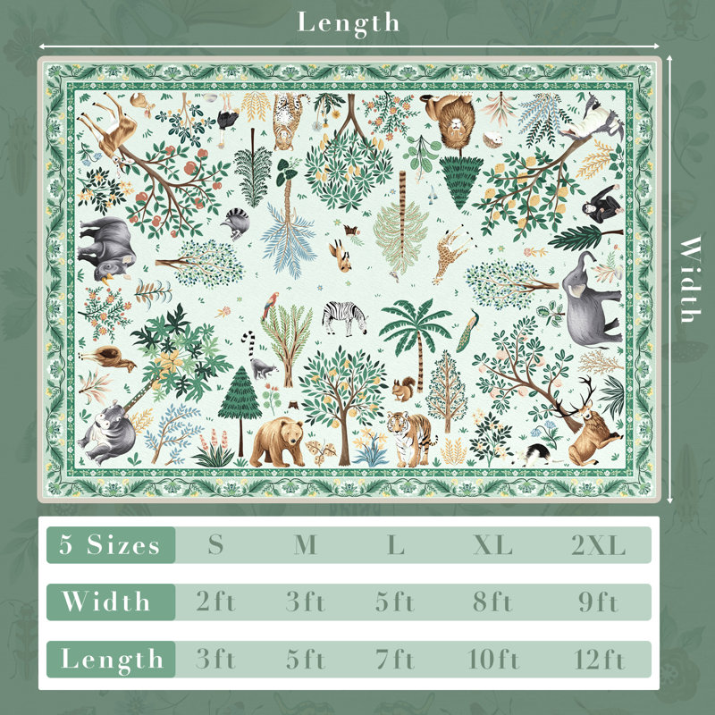 Washable Low Pile Jungle Animal Print Kids Area Rug With Non-Slip Backing, Rectangle 8' x 10', Green