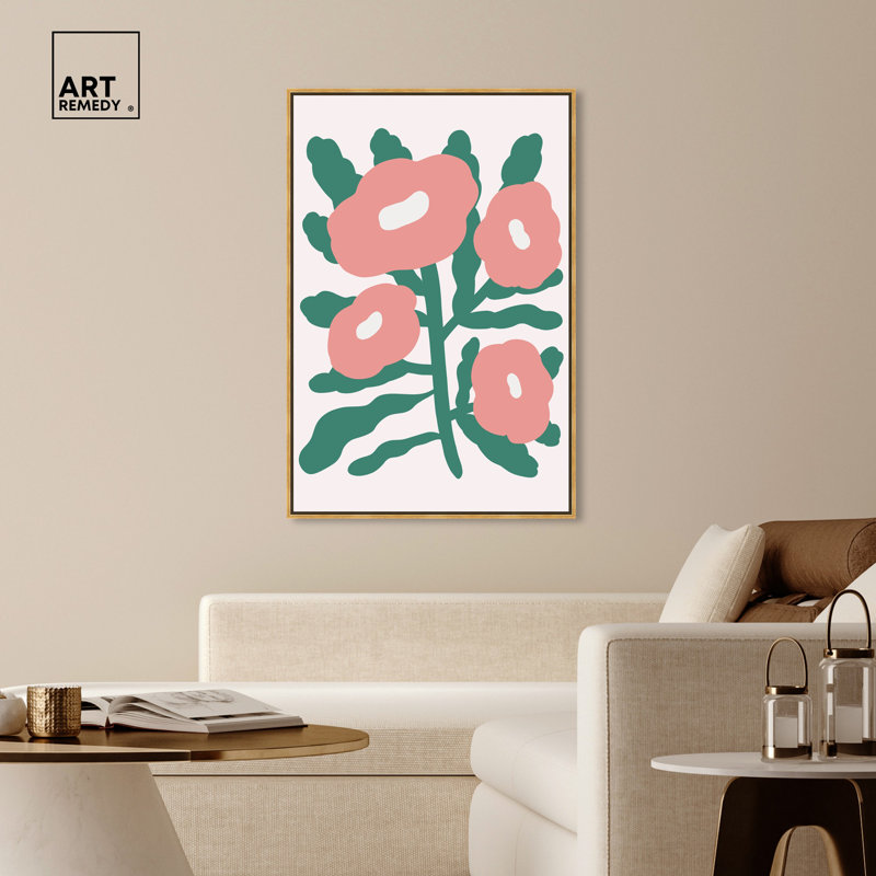 Theres Blush Flowers Pink and Green Canvas Print with Gold Frame