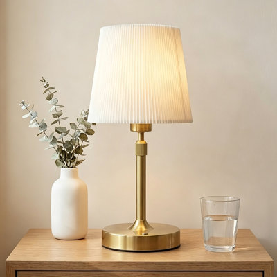 12.6"-15.35" Adjustable Height Cordless Table Lamp with Pleated Fabric Shade, 5200mAh Rechargeable Touch Dimmable Brass Accent Lamp