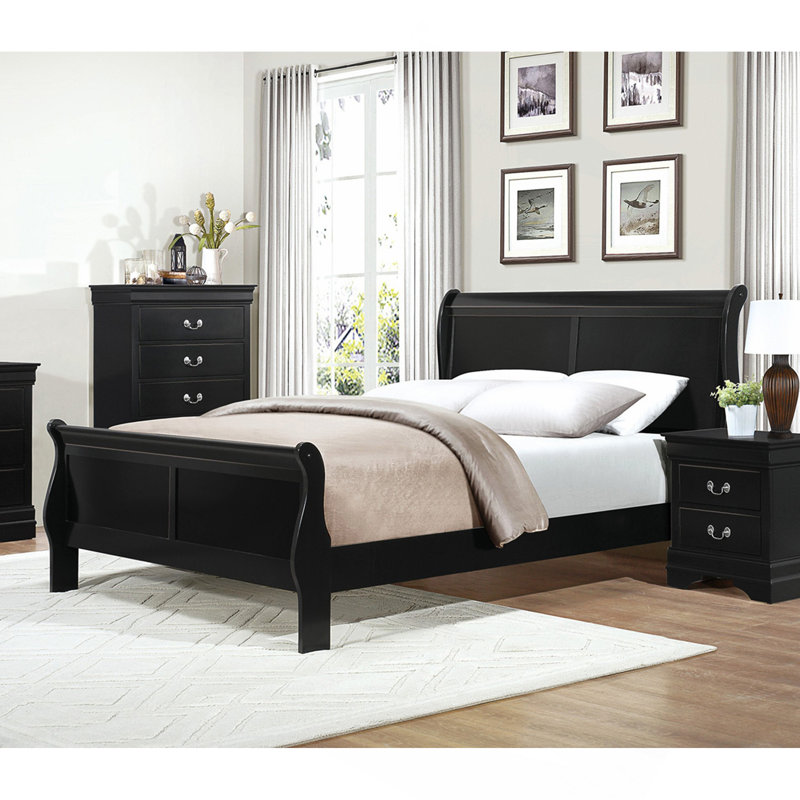 Lit traîneau Louis-Philippe noir, 1 pièce, taille Queen, design traditionnel, Queen, Black