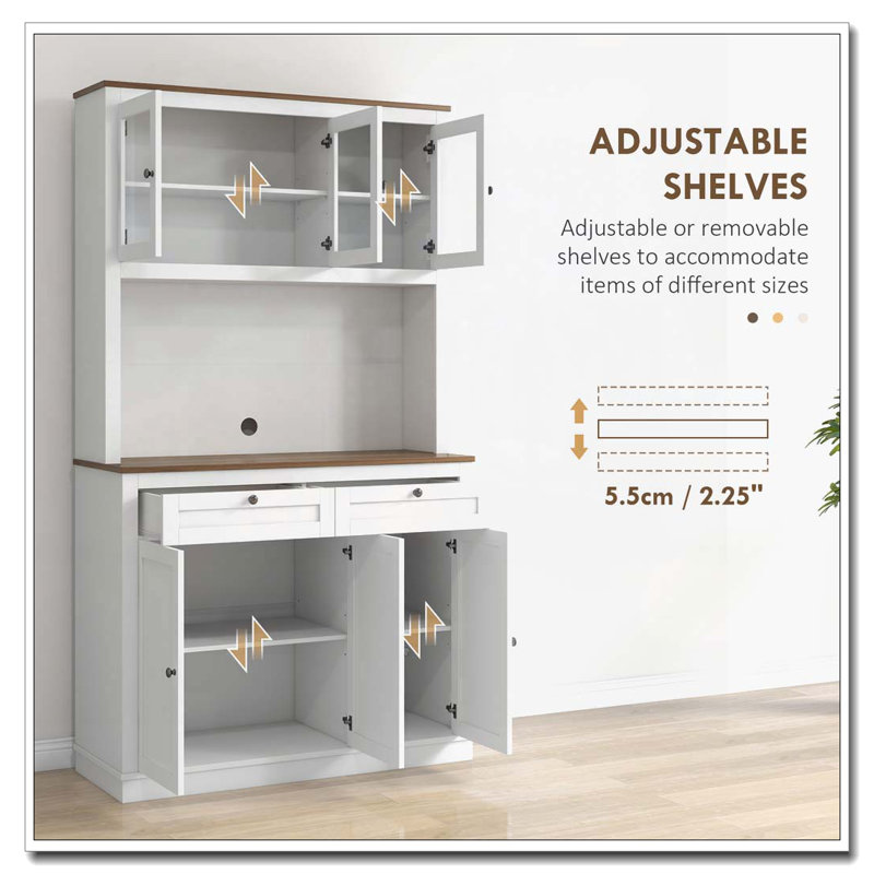 Armoire de rangement pour garde-manger de 71 po de hauteur avec support pour micro-ondes, buffet autoportant avec huche, 2 tiroirs, 5 portes, tablettes réglables et portes en verre pour la cuisine, la salle à manger, HOMcom