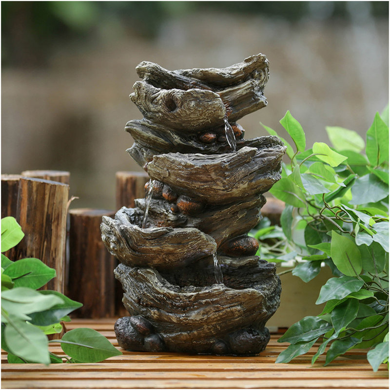 9X5x14" Indoor Brown Wood-Look Water Fountain, 4-Tier Polyresin Cascading Wood Tabletop Fountain With LED Light