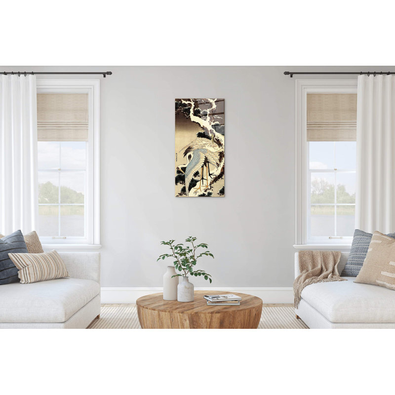 Two Cranes On A Pine Covered With Snow By Hokusai Katsushika 100cm H X 50cm W CrystalArt Material Acrylic Glass Effect, Frameless Panel Lightweight Ready to Hang