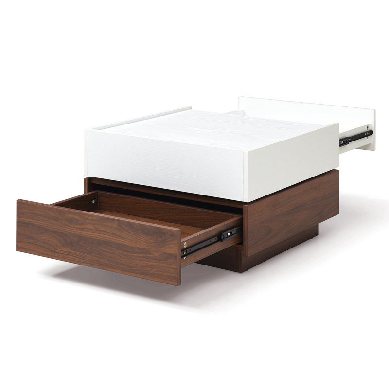 Table basse rotative à 2 tiroirs, table haute en bois à 2 niveaux avec rangement, table basse carrée avec plateau pivotant pour le salon (blanc et noyer)