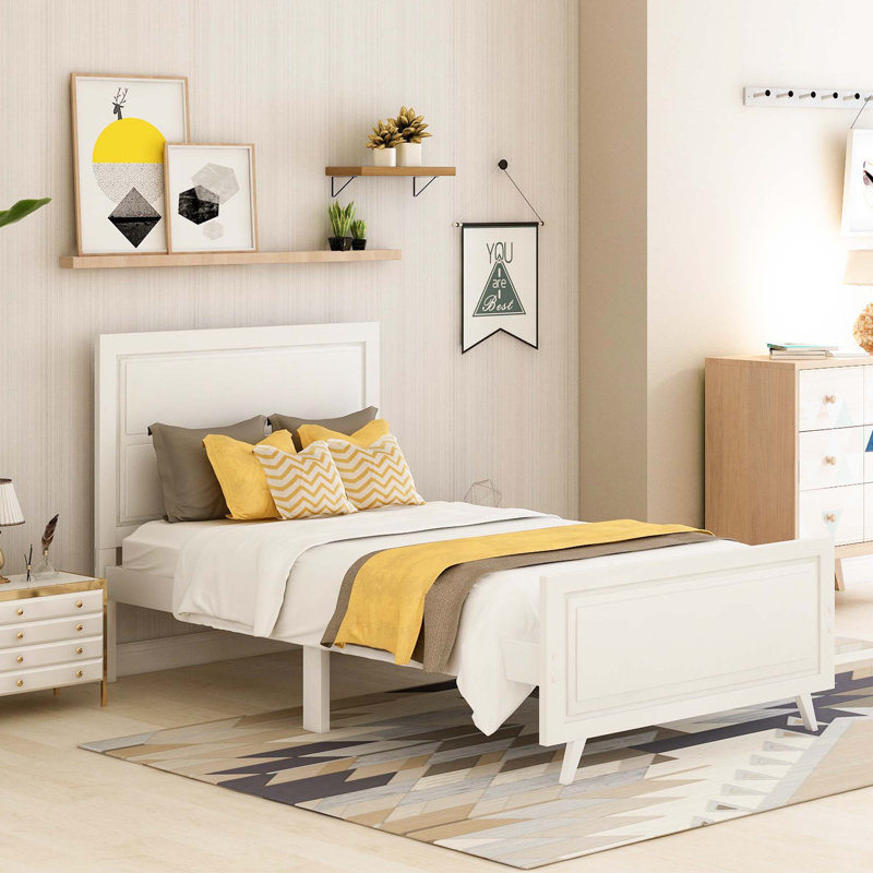 Lit plateforme en bois avec tête et pied de lit, Blanc