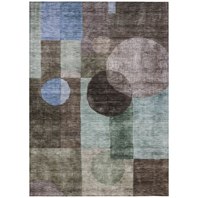 3' X 5' Brown Blue And Green Geometric Washable Indoor Outdoor Area Rug