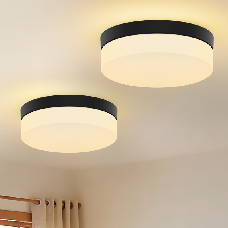 12" Flush Mount Ceiling Light, 5Cct Dimmable With Milky Glass Shade, Matte Black Finish For Living Room Bedroom（Set Of 2）