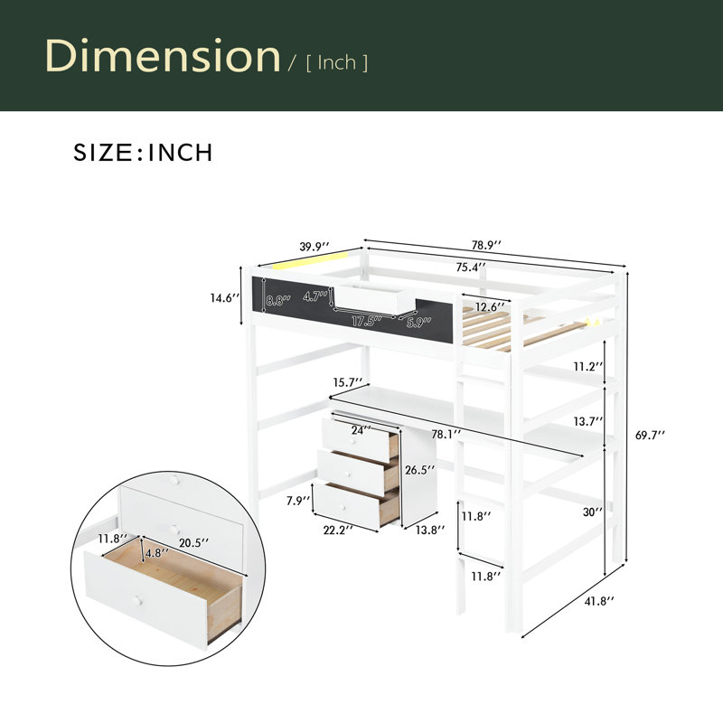 Lit mezzanine simple en bois avec bureau, tableau noir, boîte de rangement, tablette et 3 tiroirs, Blanc