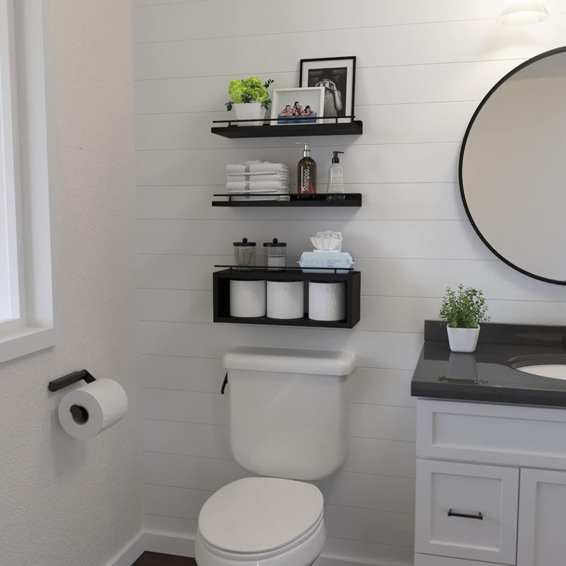 Floating Shelves For Wall With Cube Shelf, Wall Storage Shelves With Metal Rail, Bathroom Organizers Over Toilet, Decorative Shelves For Toilet Paper & Bathroom Essentials, Black