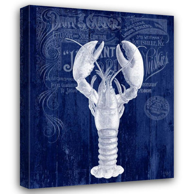 Reproduction d'art sur toile tendue «Beach Fun» par Beachcrest Home ™: Homard interdisant le homard sur fond bleu 191262D