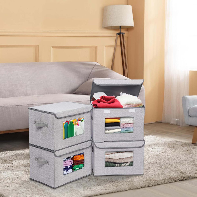 Ensemble de 4 boîtes de rangement pliables en tissu - Grands bacs pliables et empilables, organisateur de cubes avec couvercle, 17 po x 12 po x 12 po, gris, placard de bureau de chambre à coucher