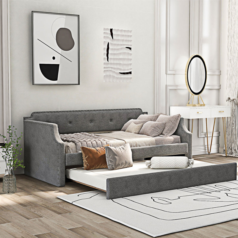 Upholstered Daybed Sofa Bed with Trundle, Gray