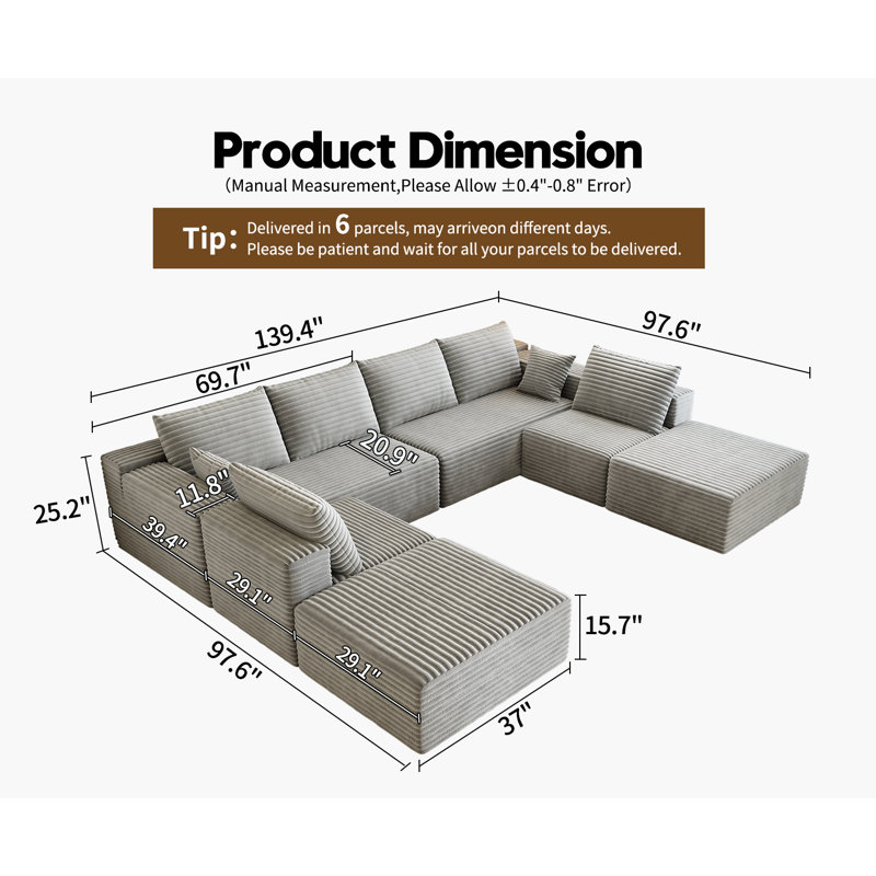 139.4" Modular Sectional Sofa Couch, Oversized  U-Shaped Minimalist Couches with 2 Ottomans Chaise and 2 Middle Seats, Modern Deep Seat Cloud Plush Corduroy Sofas Set for Living Room, 8 Seater