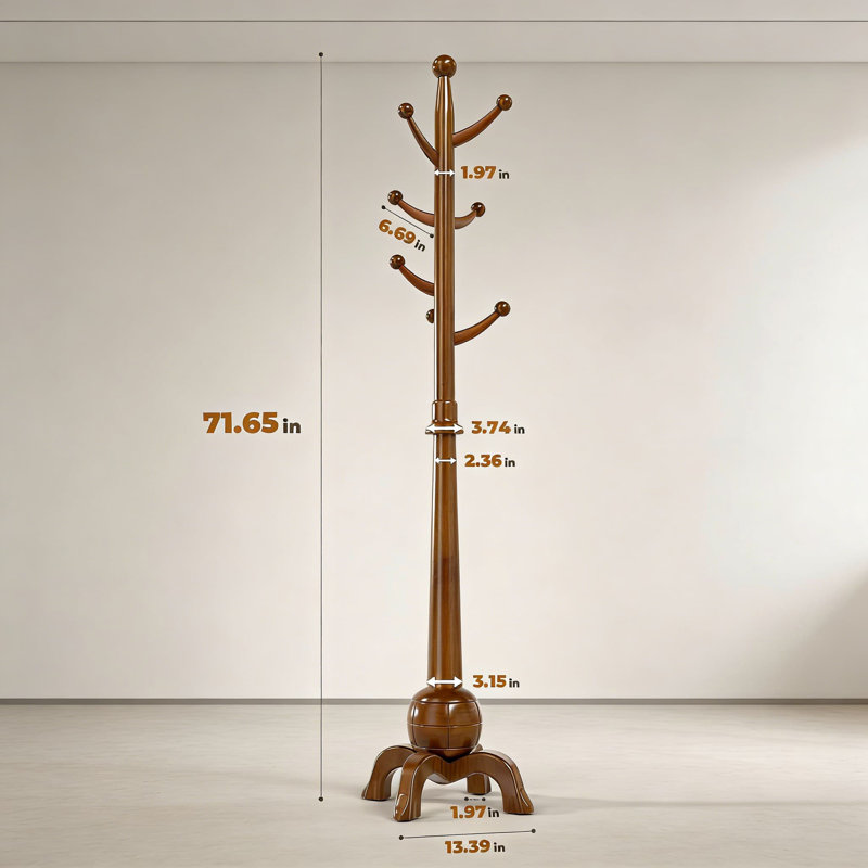 Portemanteau en bois massif autoportant avec 8 crochets, portemanteau robuste pour entrée, chambre à coucher ou bureau, capacité de charge de 240 lb, base stable