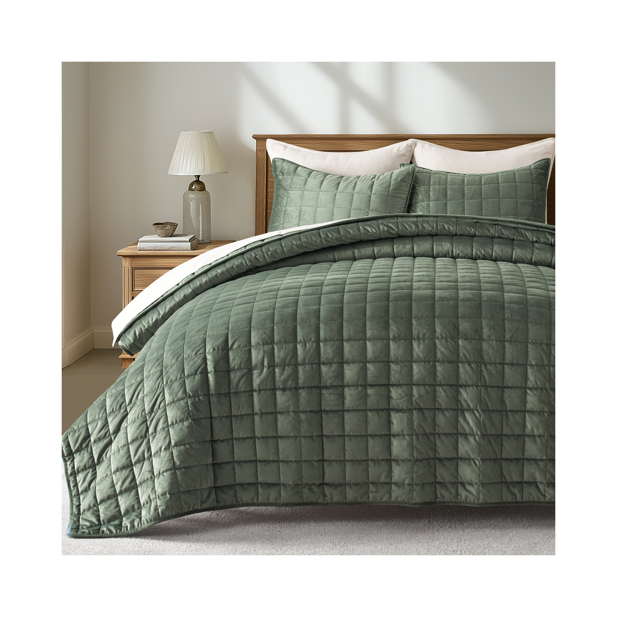 Box Stitch PearlVelvet Quilt set, King Quilt + 2 King Shams, Olive Green
