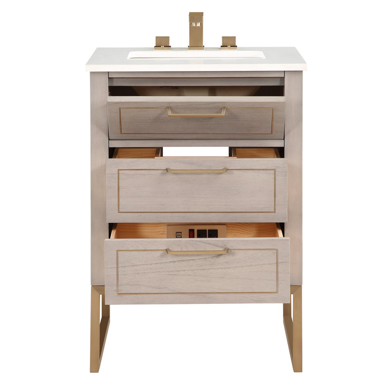 Ensemble de meuble-lavabo simple 24 po Markham, Quartz Calacatta universel, Gris cachemire, Laiton satiné