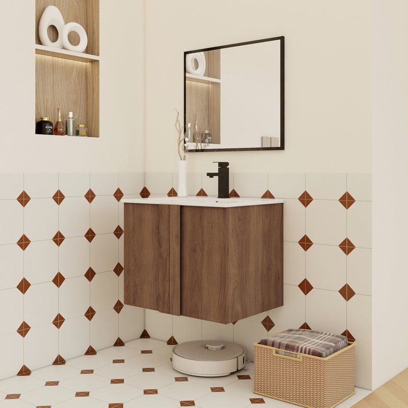 Meuble-lavabo mural de 30 po avec lavabo en céramique et portes à fermeture en douceur, 24.02