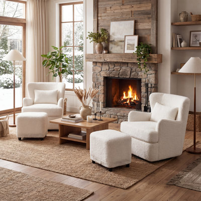 29" Wide Modern Bouclé Swivel Barrel Chair Wingback With Ottoman