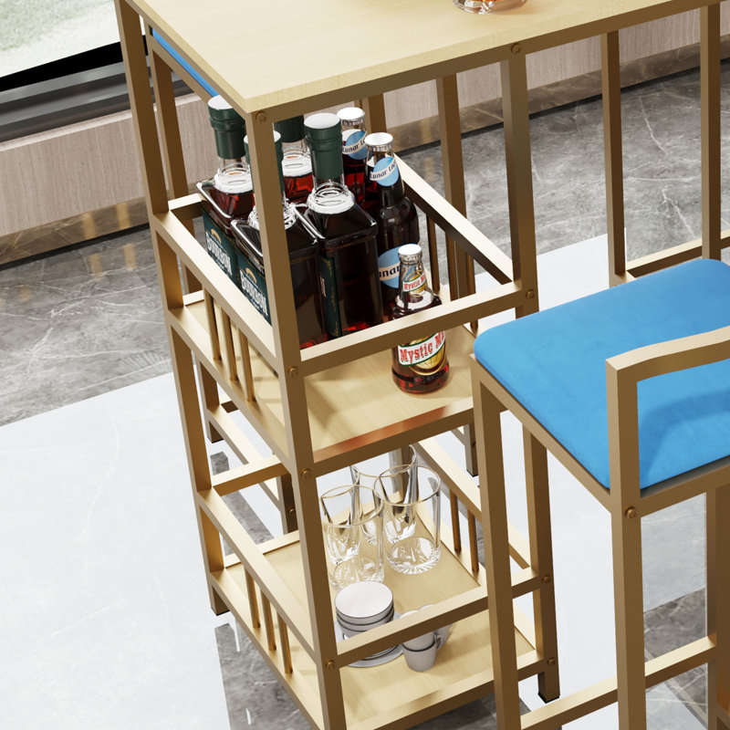 -piece bar table and chair set with gold frame, multi-layer tabletop, sponge cushions, beige and blue upholstery