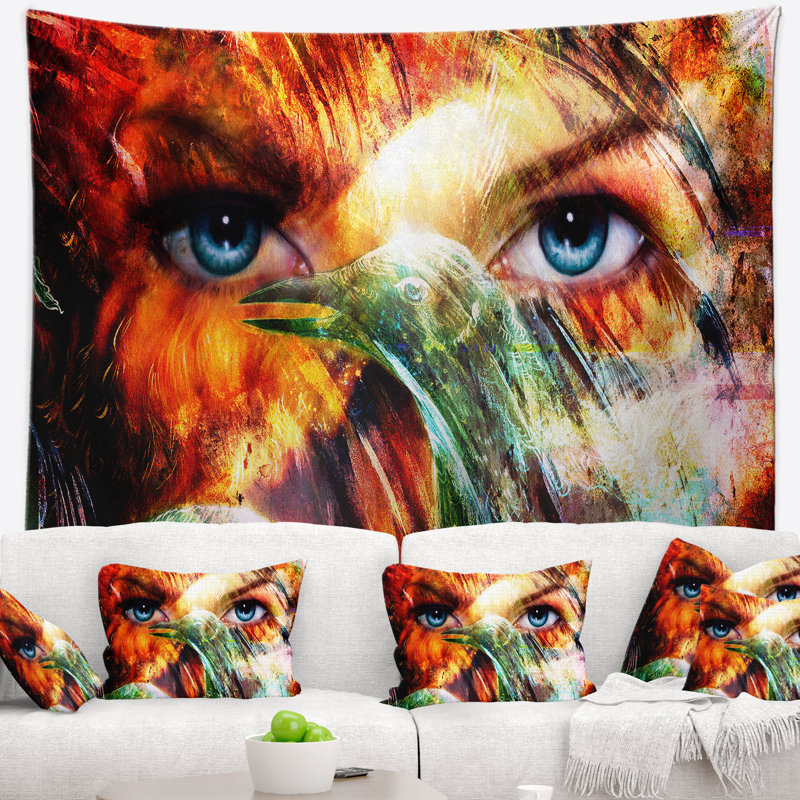 Portrait femme plume collage tapisserie, H 50 po x l 60 po