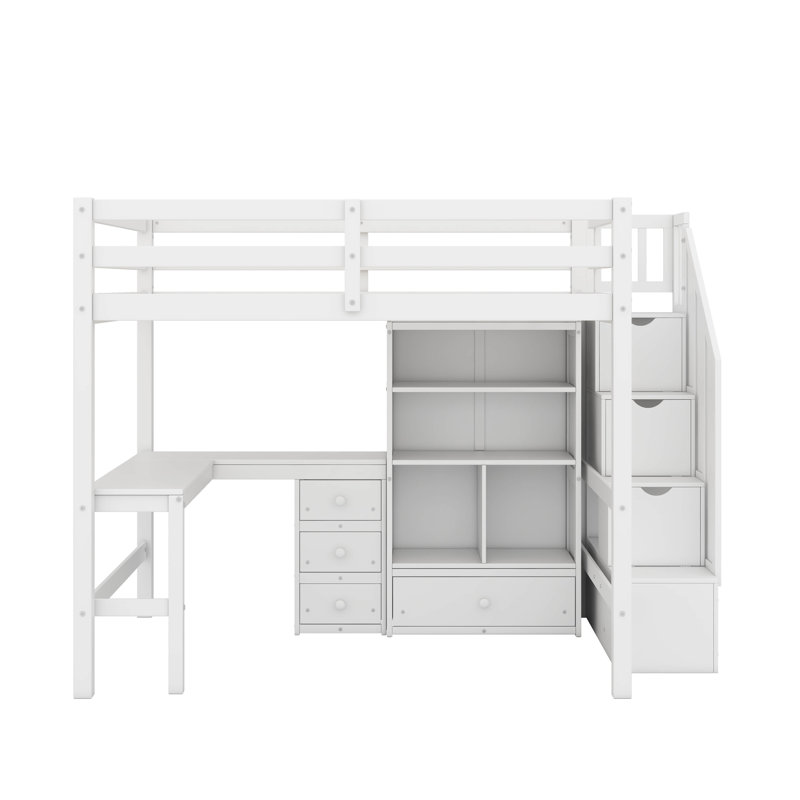 Lit mezzanine double avec bureau en L, armoire, tiroirs et escalier de rangement, Blanc