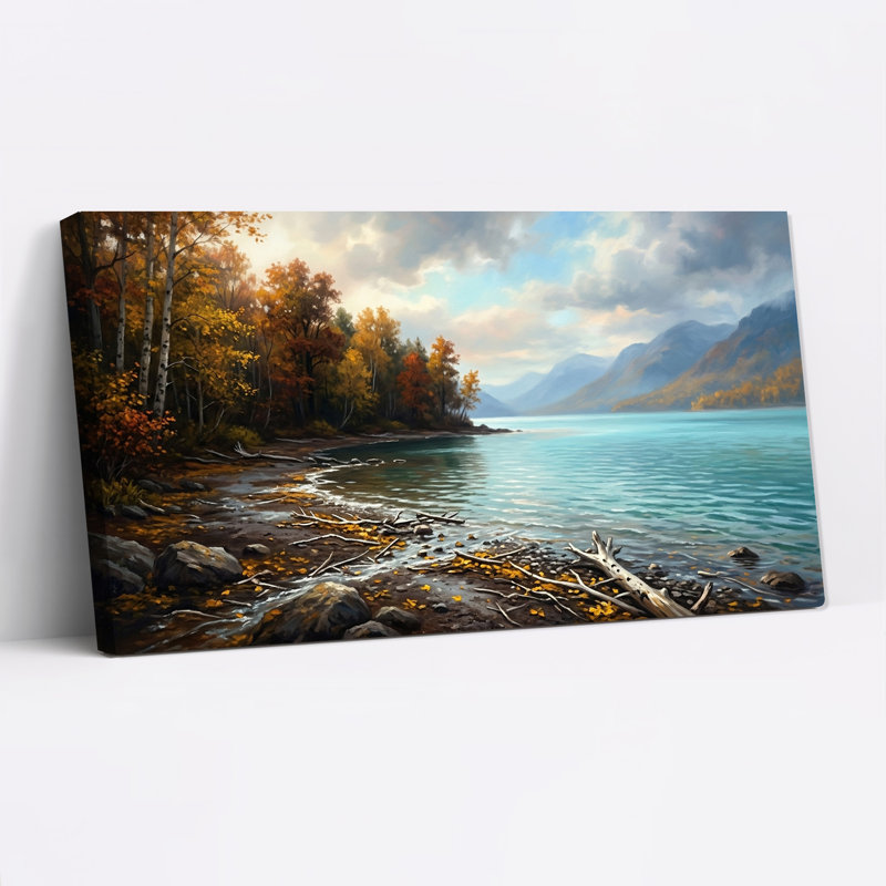 Tableau sur toile représentant un rivage lacustre d'automne avec des eaux bleues et des montagnes, L 32 po x H 16 po