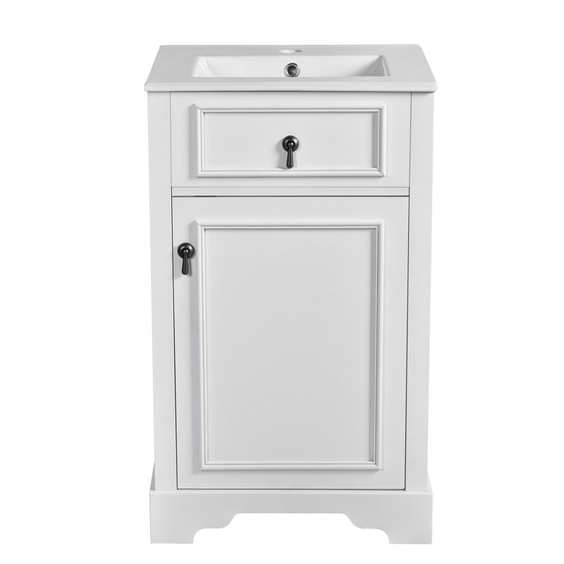 Meuble-lavabo de 20 pouces avec lavabo en céramique, porte à fermeture douce, tablette réglable et support de rangement fixé à la porte - idéal pour les petites salles de bain