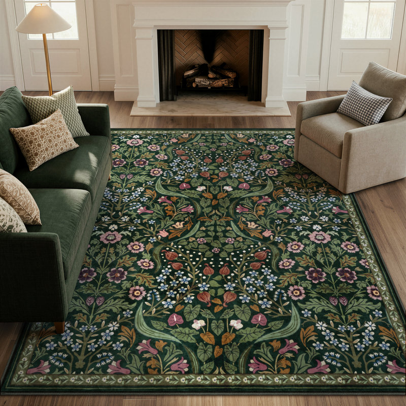 Tapis lavable à motif floral Kaldi, Vert, Rectangle 6' x 9'