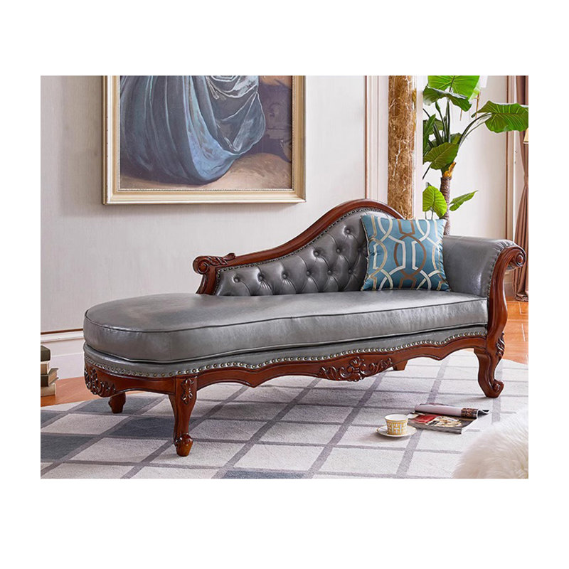 Chaise longue de style campagnard américain en chêne, cuir et tissu, pour chambre et salon
