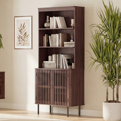 72.8" Tall 5-Tier Bookshelf with Storage, Mid-Century Modern Wood Bookcase with 2 Doors for Home Office, Bedroom, Living Room 
