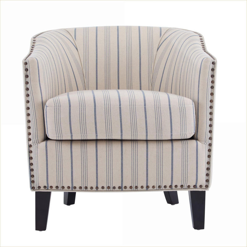 Fabric Upholstered Barrel Chair Compact Accent Seating for Small Spaces with Solid Wood Legs, Blue Finish