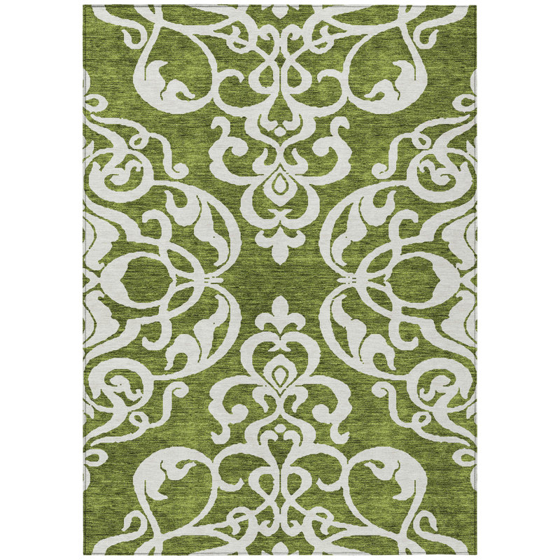 Tapis intérieur lavable damassé vert et ivoire 3 pi x 5 pi