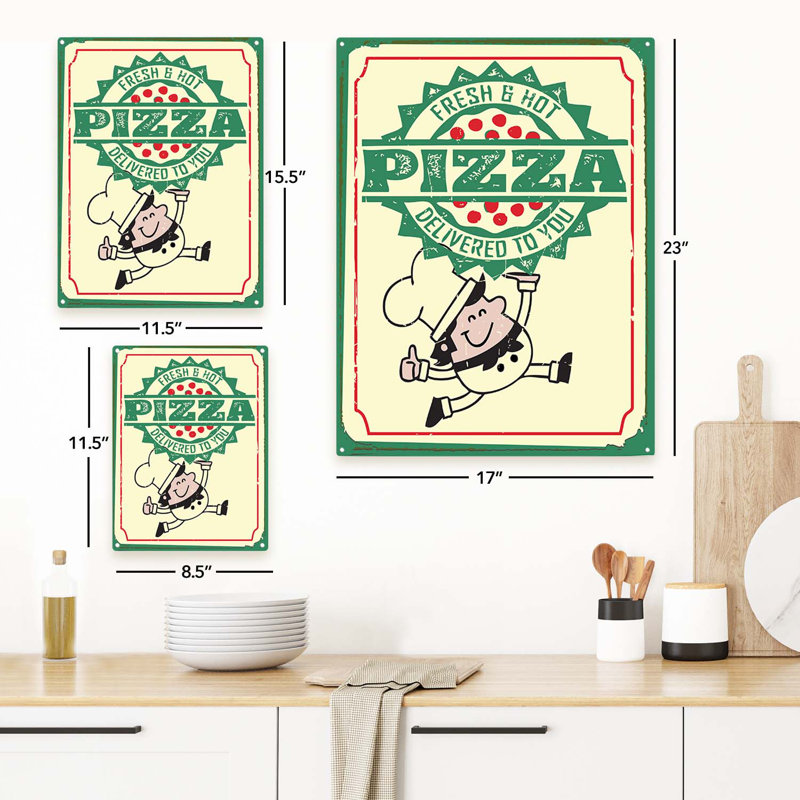 Retro Hot Pizza sur impression métallique, H 15,5 po x l 11,5 po x P 0,04 po