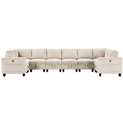 Living Room 8 Modular Sectional With Storage, Charging Ports & Side Pockets, Beige Corduroy Fabric, Pockets For