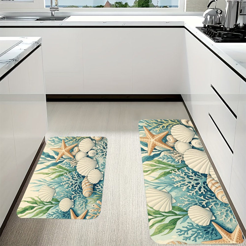 Ensemble de 2 tapis de sol en flanelle à motifs aquarelle de coquillages et de coraux