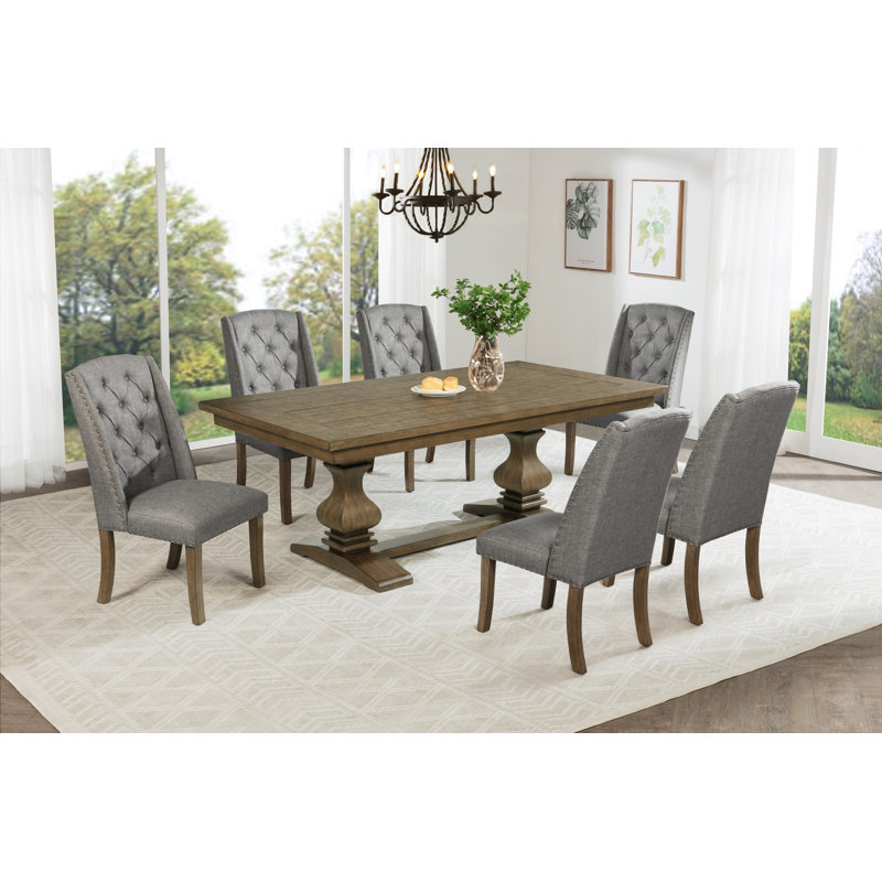 Ensemble de salle à manger en chêne brun avec chaises d'appoint capitonnées, Gris, 7